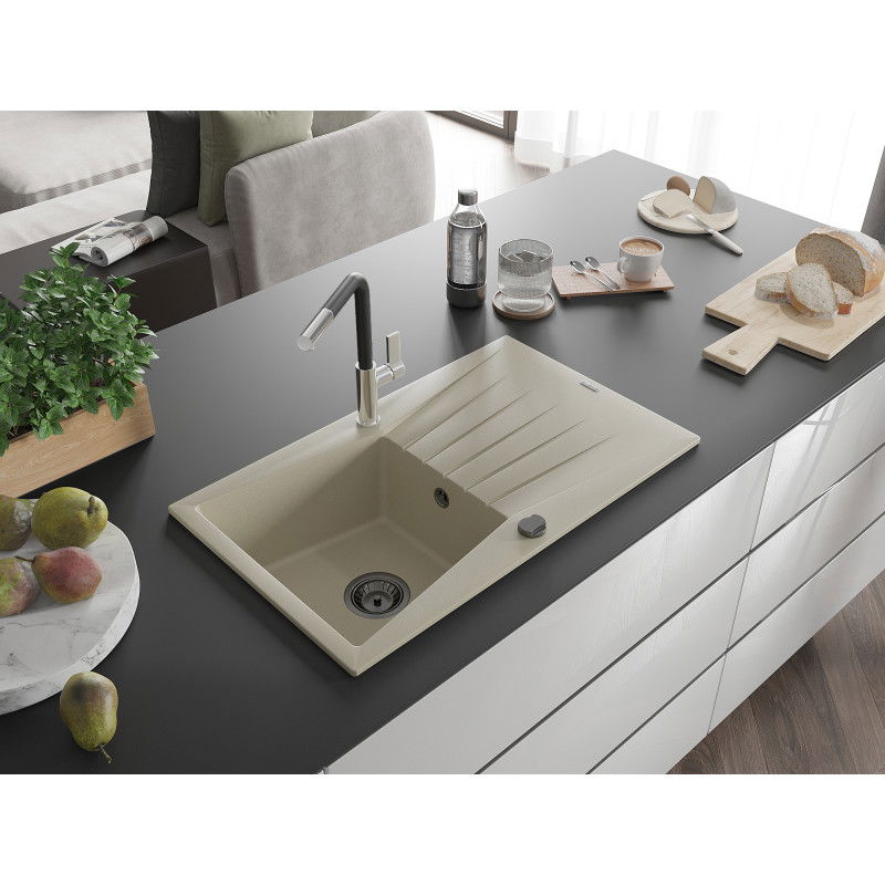 Mexen Cesar évier de cuisine en granit 1 bac avec égouttoir et robinet Flora, beige - 6514-69-670401-07-B