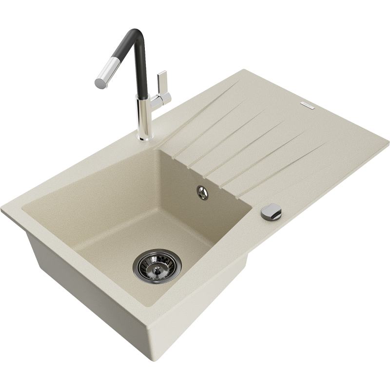 Mexen Cesar Granitspüle 1-Becken mit Abtropffläche und Küchenarmatur Flora, beige - 6514-69-670401-07-B