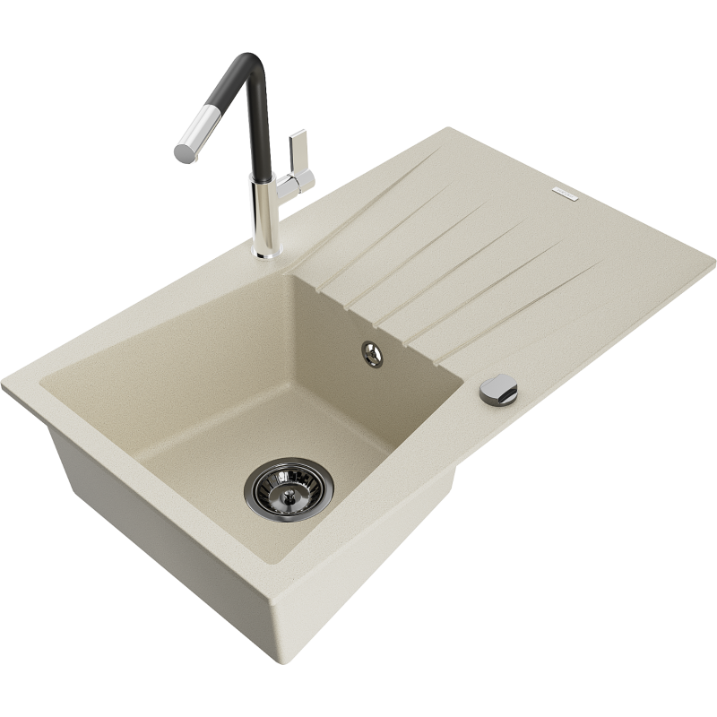 Mexen Cesar lava-louça de granito de 1 bacia com escorredor e torneira de cozinha Flora, bege - 6514-69-670401-07-B