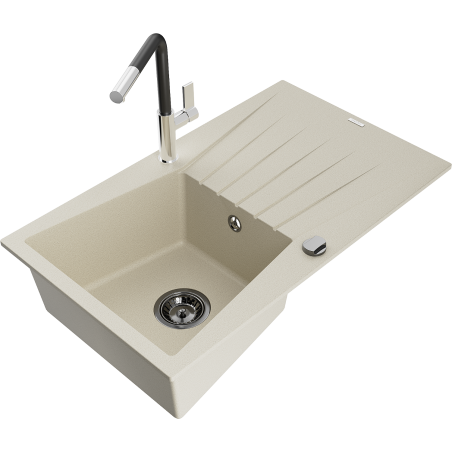 Mexen Cesar Granitspüle 1-Becken mit Abtropffläche und Küchenarmatur Flora, beige - 6514-69-670401-07-B