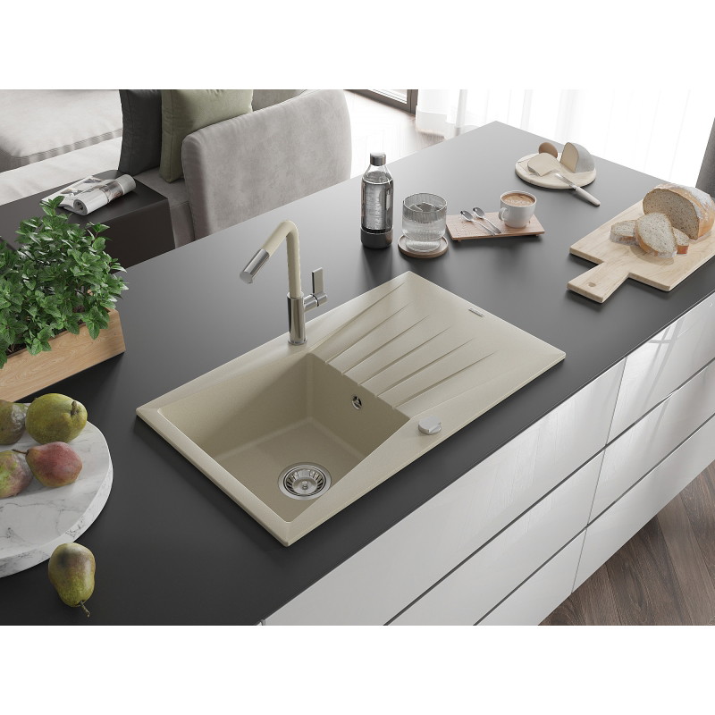 Mexen Cesar évier en granit 1 bac avec égouttoir et robinet de cuisine Flora, beige - 6514-69-670401-09