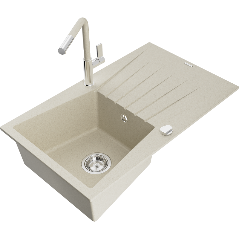 Mexen Cesar fregadero de granito de 1 cuenca con escurridor y grifo de cocina Flora, beige - 6514-69-670401-09