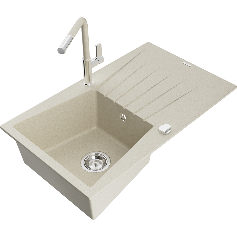 Mexen Cesar Graniittinen 1-allas keittiöallas valumisenestolla ja keittiöhanalla Flora, beige - 6514-69-670401-09