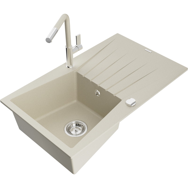 Mexen Cesar granitische spoelbak met 1 bak, afdruipplaat en keukenkraan Flora, beige - 6514-69-670401-09