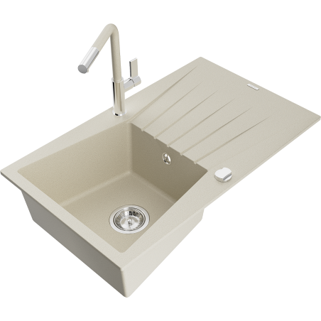 Mexen Cesar Granitspüle 1-Becken mit Abtropffläche und Küchenarmatur Flora, beige - 6514-69-670401-09