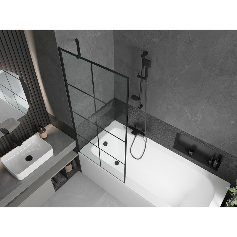 Mexen Vega bañera rectangular 160 x 70 cm con carcasa y mampara de 1 hoja 80 cm, diseño negro - 550116070X9508007077