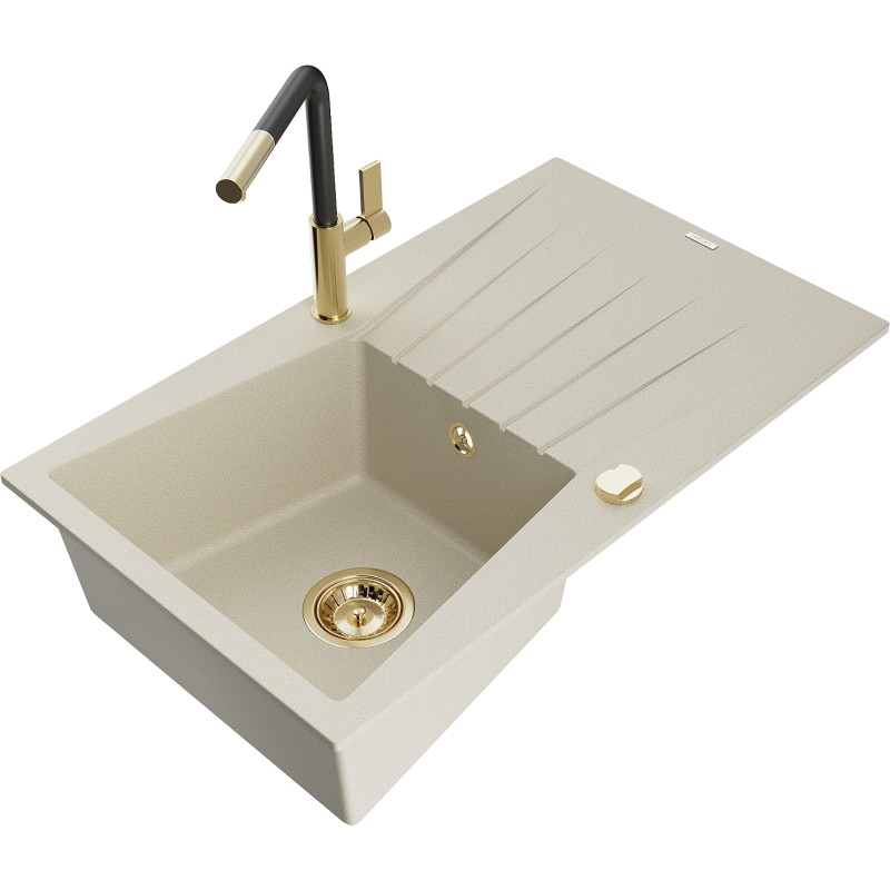 Mexen Cesar fregadero de granito de 1 seno con escurridor y grifo de cocina Flora, beige - 6514-69-670401-57-G