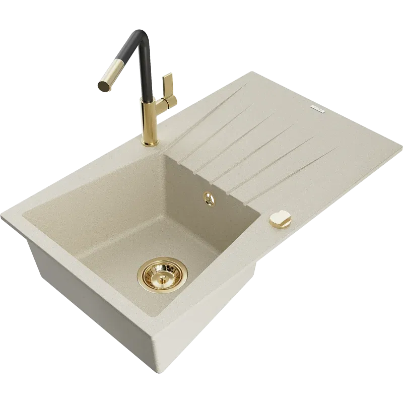 Mexen Cesar Granitspüle 1-Becken mit Abtropffläche und Küchenarmatur Flora, beige - 6514-69-670401-57-G