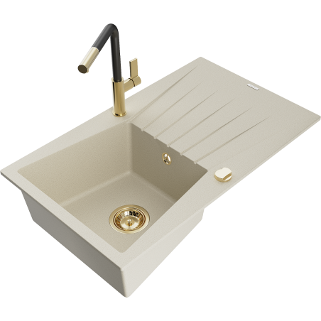 Mexen Cesar lavello da cucina in granito a 1 vasca con scolapiatti e rubinetto Flora, beige - 6514-69-670401-57-G
