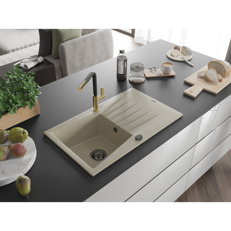 Mexen Cesar fregadero de granito de 1 tazón con escurridor y grifo de cocina Flora, beige - 6514-69-670401-57-B
