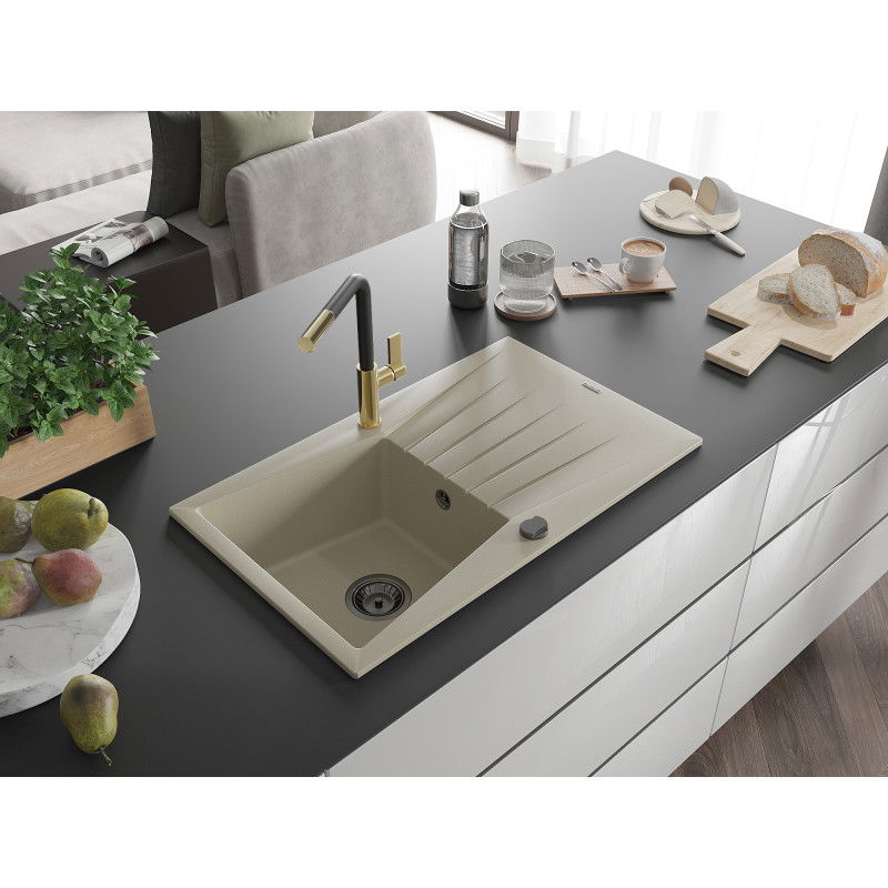 Mexen Cesar granitdiskho med en skål, med avlopp och köksblandare Flora, beige - 6514-69-670401-57-B