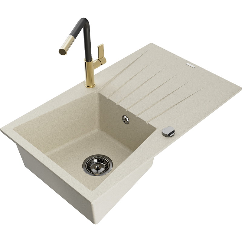 Mexen Cesar 1-komorige granieten gootsteen met afdruiprek en keukenmengkraan Flora, beige - 6514-69-670401-57-B