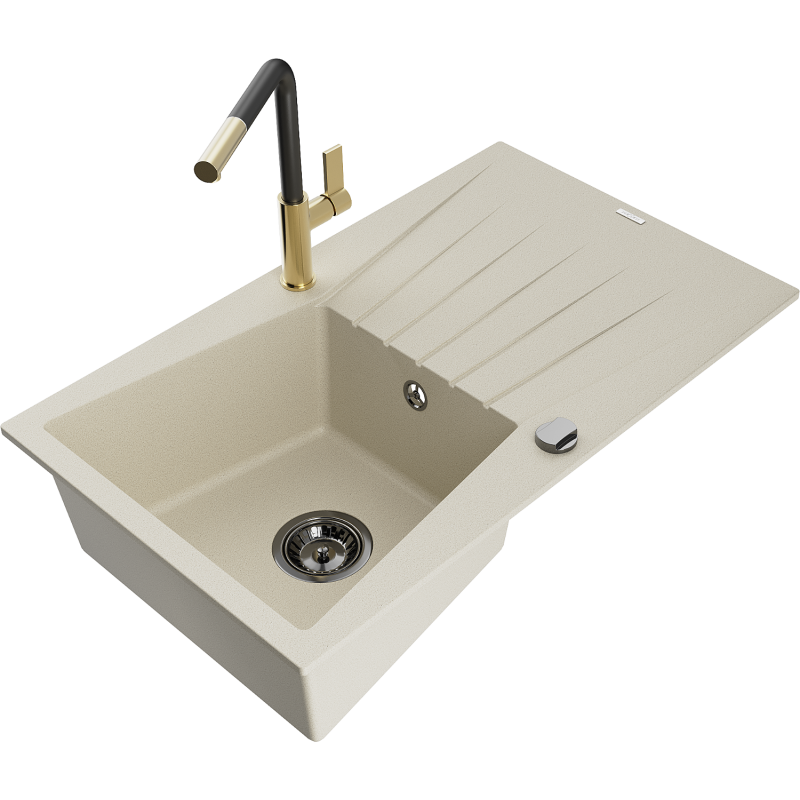 Mexen Cesar fregadero de granito de 1 compartimento con escurridor y grifo de cocina Flora, beige - 6514-69-670401-57-B