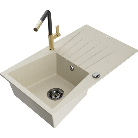 Mexen Cesar 1-komorige granieten gootsteen met afdruiprek en keukenmengkraan Flora, beige - 6514-69-670401-57-B