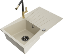 Mexen Cesar granite sink single bowl with drainer and Flora kitchen tap, beige - 6514-69-670401-57-B