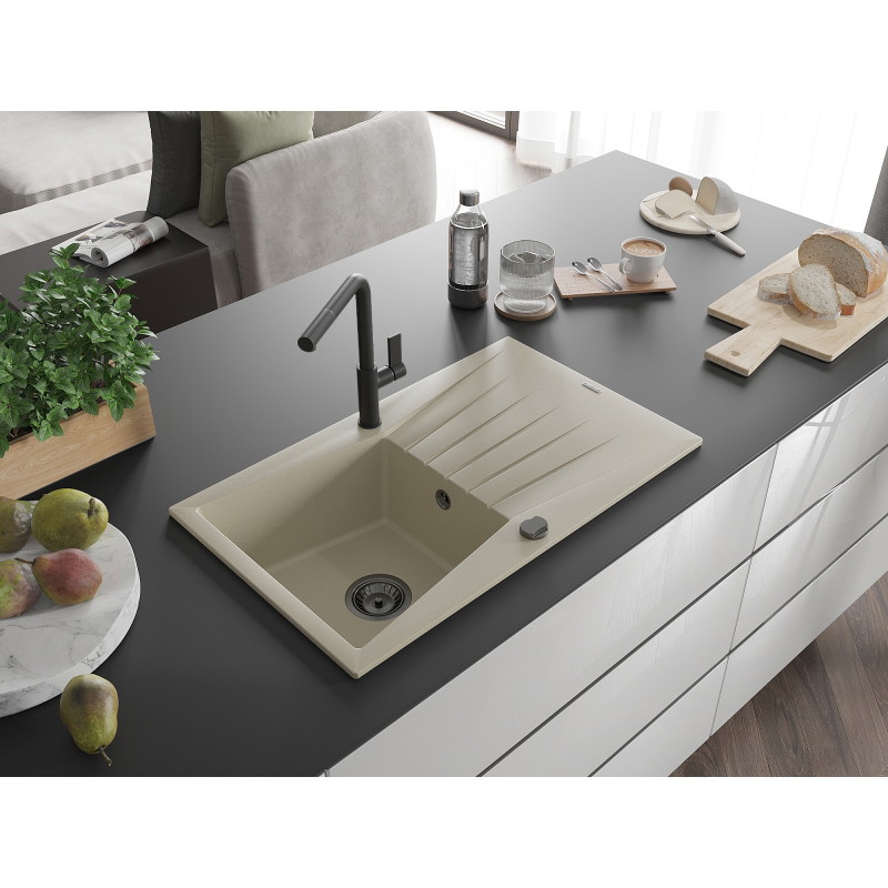 Mexen Cesar fregadero de granito de 1 compartimiento con escurridor y grifo de cocina Flora, beige - 6514-69-670401-70-B