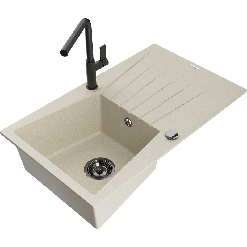 Mexen Cesar fregadero de cocina de granito 1 taza con escurridor y grifo de cocina Flora, beige - 6514-69-670401-70-B