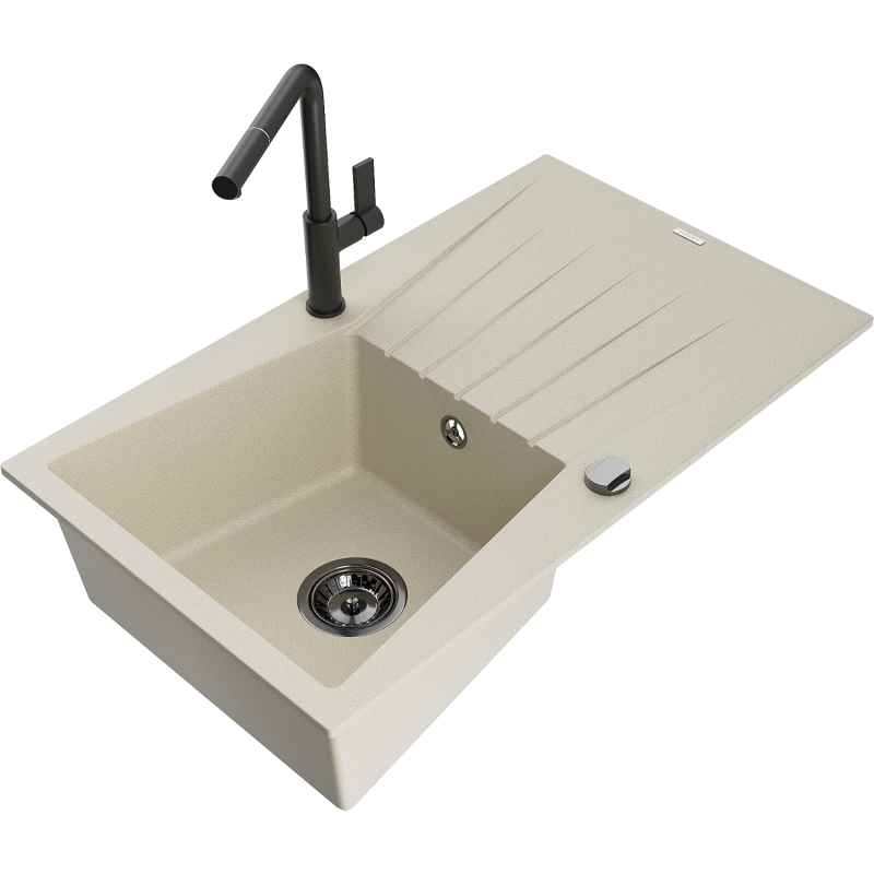 Mexen Cesar granite sink 1-bowl with drainer and Flora kitchen tap, beige - 6514-69-670401-70-B