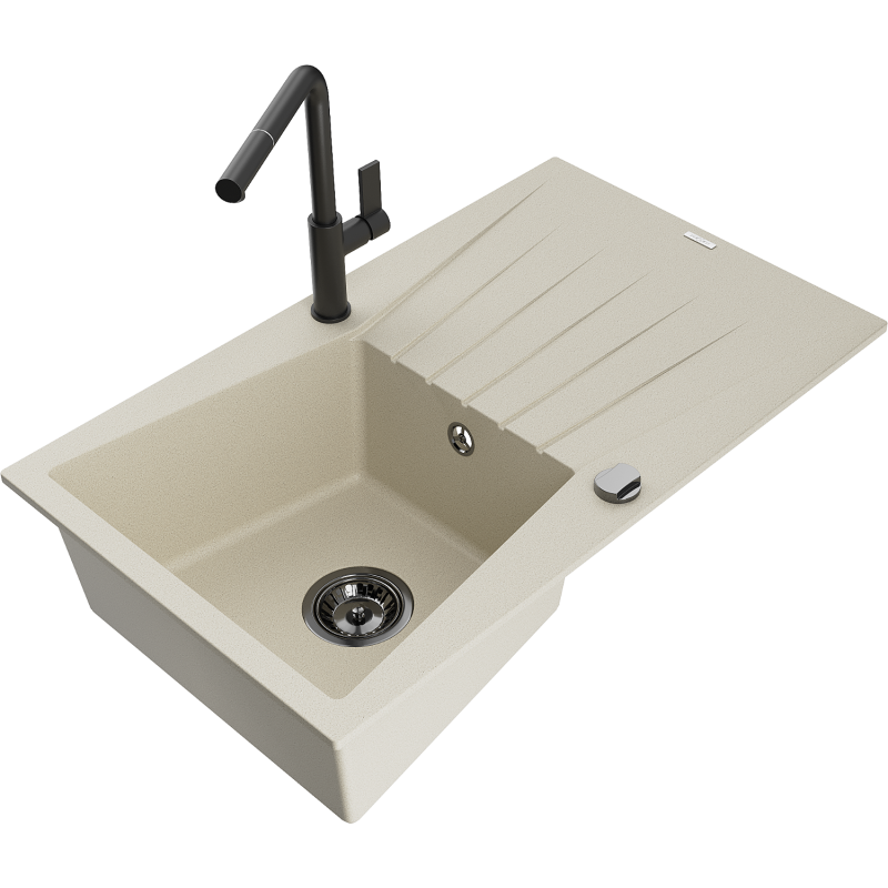 Mexen Cesar lava-louça de granito de 1 cuba com escorredor e torneira de cozinha Flora, bege - 6514-69-670401-70-B