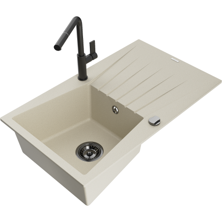 Mexen Cesar évier en granit 1 bac avec égouttoir et robinet de cuisine Flora, beige - 6514-69-670401-70-B