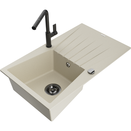 Mexen Cesar granite sink 1-bowl with drainer and Flora kitchen tap, beige - 6514-69-670401-70-B
