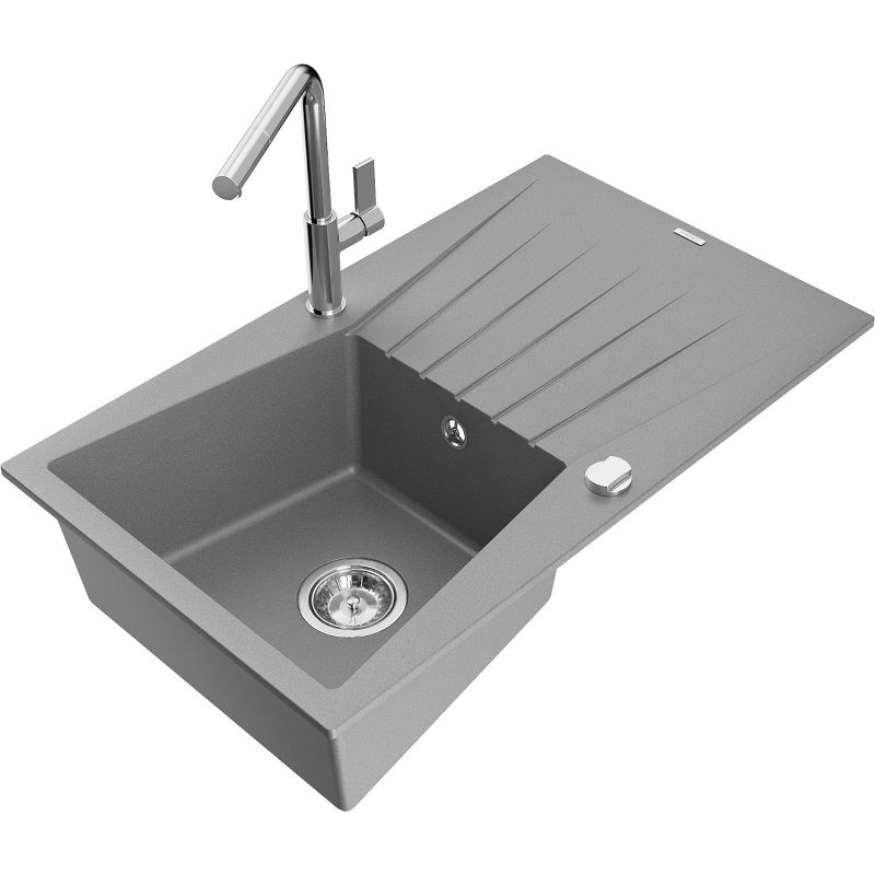 Mexen Cesar fregadero de granito de 1 seno con escurridor y grifo de cocina Flora, gris - 6514-71-670401-00