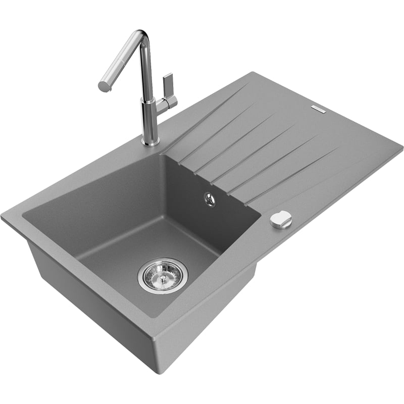 Mexen Cesar granite kitchen sink 1-bowl with drainer and Flora faucet, gray - 6514-71-670401-00
