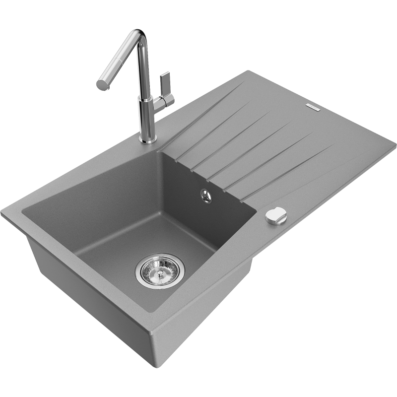 Mexen Cesar granite sink, single-bowl with drainer and Flora kitchen tap, grey - 6514-71-670401-00