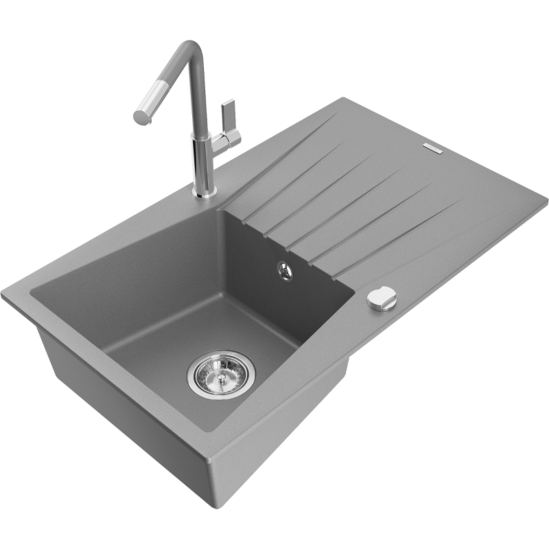 Mexen Cesar fregadero de granito de 1 cubeta con escurridor y grifo de cocina Flora, gris - 6514-71-670401-06