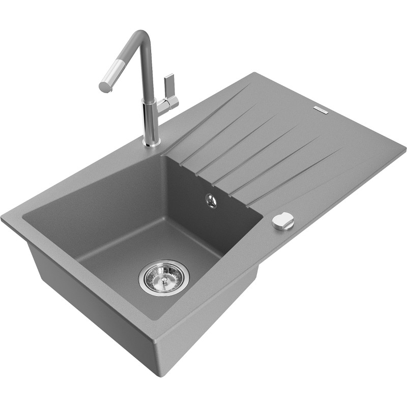 Mexen Cesar fregadero de granito de 1 seno con escurridor y grifo de cocina Flora, gris - 6514-71-670401-06