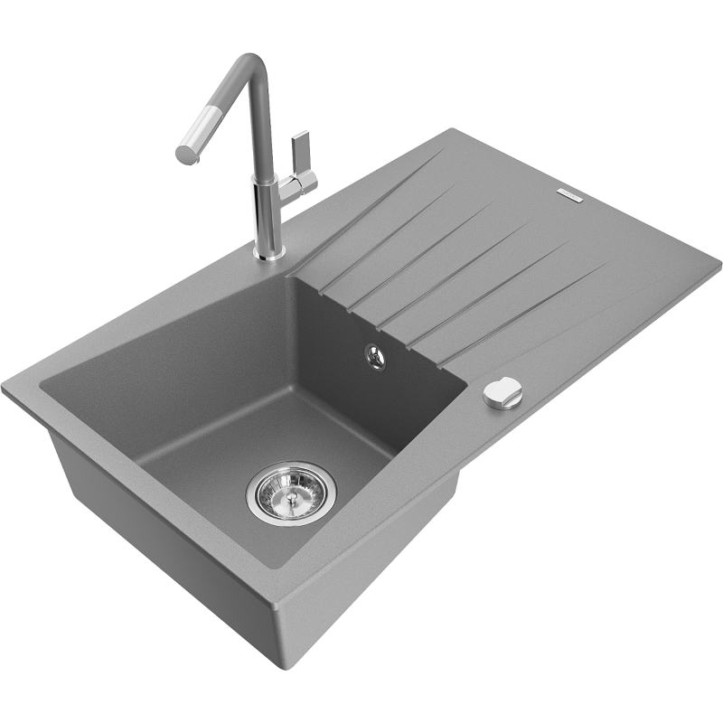 Mexen Cesar Granitspüle 1-Becken mit Abtropffläche und Küchenarmatur Flora, grau - 6514-71-670401-06