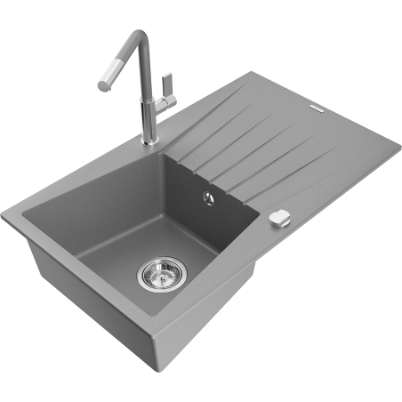 Mexen Cesar granitā izlietne ar vienu nodalījumu un noteces virsmu, ar virtuves jaucējkrānu Flora, pelēka - 6514-71-670401-06