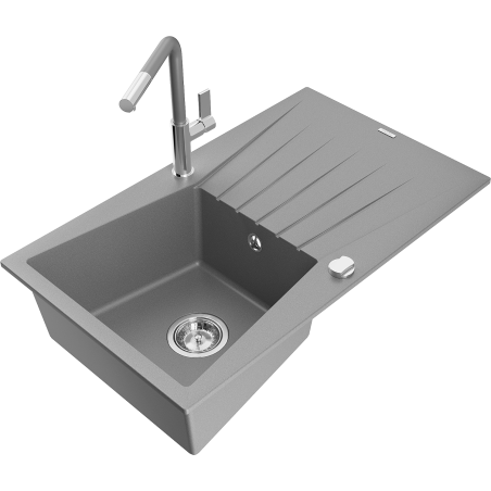 Mexen Cesar Granitspüle 1-Becken mit Abtropffläche und Küchenarmatur Flora, grau - 6514-71-670401-06