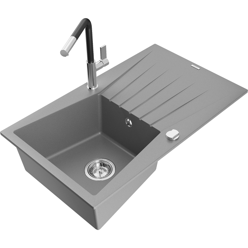 Mexen Cesar fregadero de granito 1 seno con escurridor y grifo de cocina Flora, gris - 6514-71-670401-07