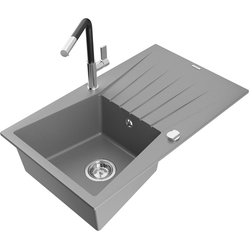 Mexen Cesar fregadero de granito de 1 cubeta con escurridor y grifo de cocina Flora, gris - 6514-71-670401-07