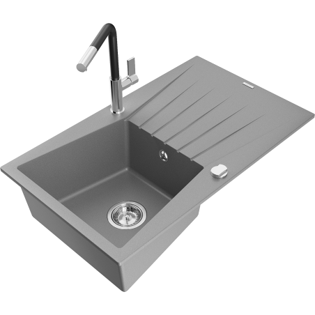 Mexen Cesar granite sink 1-bowl with drainer and Flora kitchen tap, grey - 6514-71-670401-07