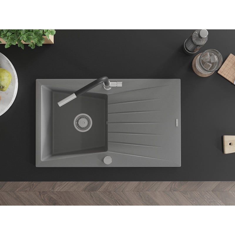 Mexen Cesar fregadero de granito 1 seno con escurridor y grifo de cocina Flora, gris - 6514-71-670401-07