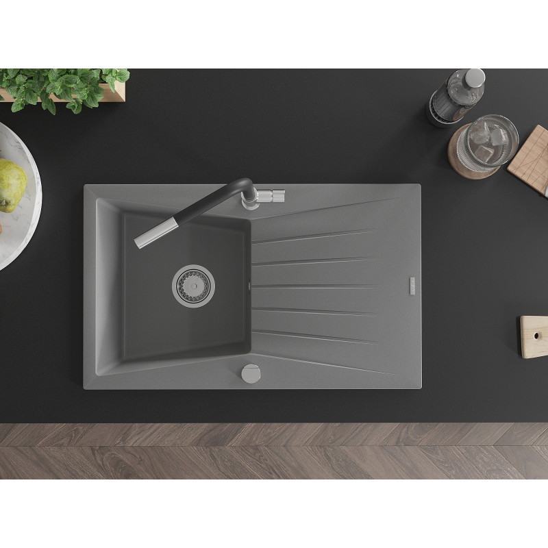 Mexen Cesar fregadero de granito de 1 cubeta con escurridor y grifo de cocina Flora, gris - 6514-71-670401-07