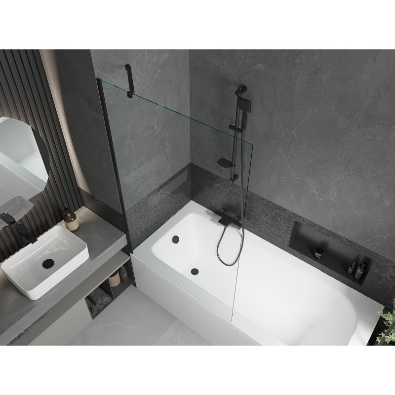 Mexen Vega bañera rectangular 160 x 70 cm con revestimiento y mampara de 1 hoja 100 cm, transparente, negra