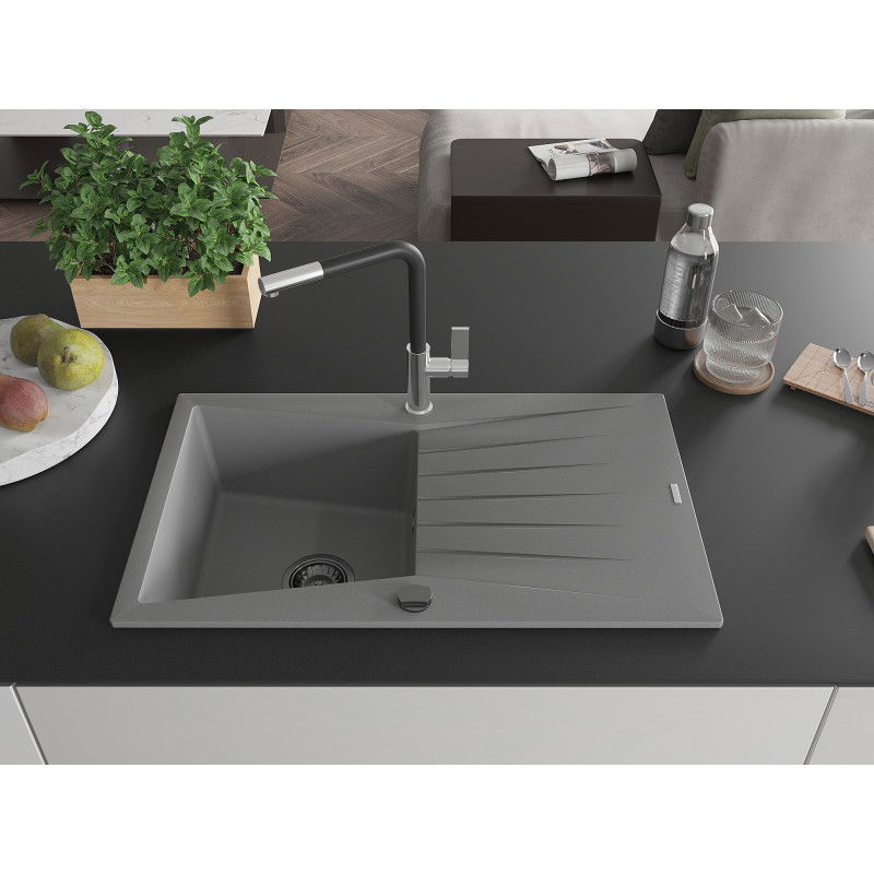 Mexen Cesar granite sink 1-bowl with drainer and Flora kitchen tap, grey - 6514-71-670401-07-B