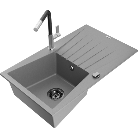 Mexen Cesar granite sink 1-bowl with drainer and Flora kitchen tap, grey - 6514-71-670401-07-B