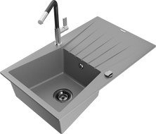 Mexen Cesar granite sink 1-bowl with drainer and Flora kitchen tap, grey - 6514-71-670401-07-B