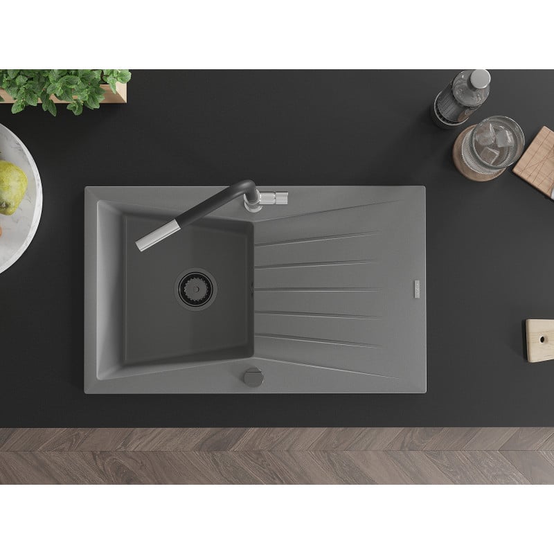 Mexen Cesar fregadero de granito de 1 cubeta con escurridor y grifo de cocina Flora, gris - 6514-71-670401-07-B