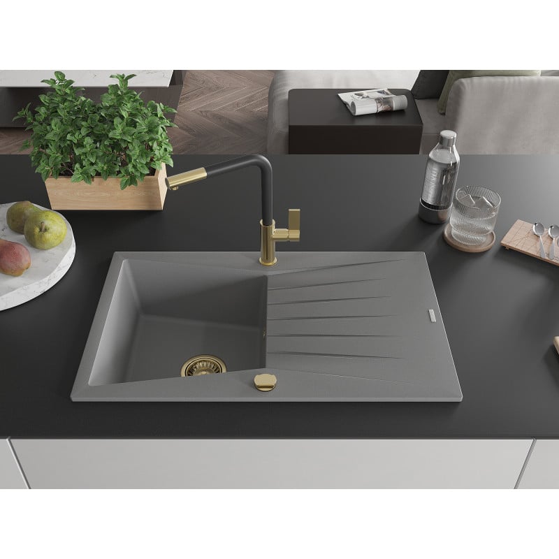 Mexen Cesar granite sink 1-bowl with drainer and Flora kitchen tap, grey - 6514-71-670401-57-G