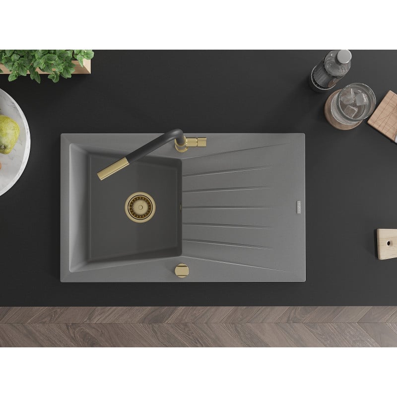Mexen Cesar granite sink 1-bowl with drainer and Flora kitchen tap, grey - 6514-71-670401-57-G