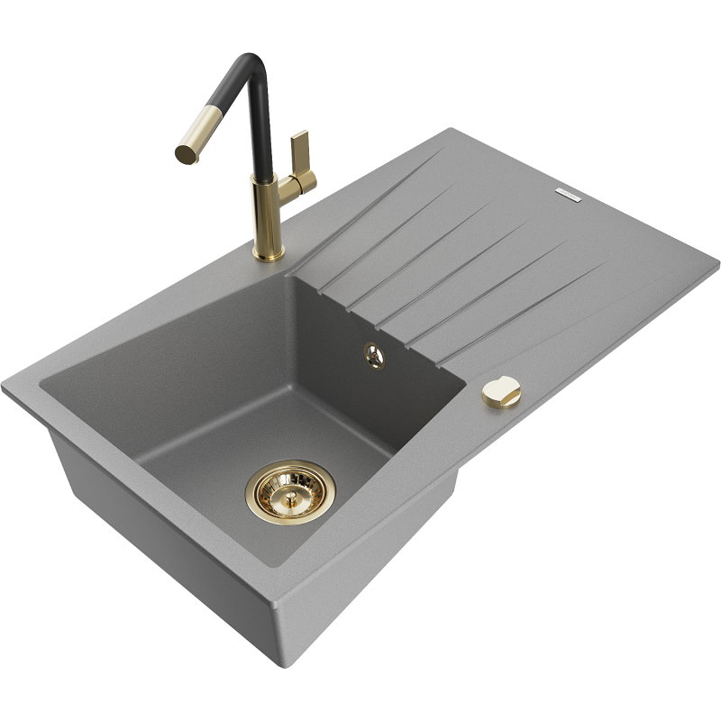 Mexen Cesar fregadero de granito de 1 recipiente con escurridor y grifo de cocina Flora, gris - 6514-71-670401-57-G