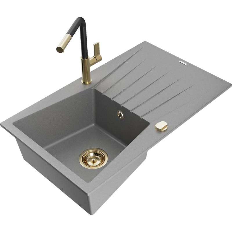 Mexen Cesar granite sink 1-bowl with drainer and Flora kitchen tap, grey - 6514-71-670401-57-G