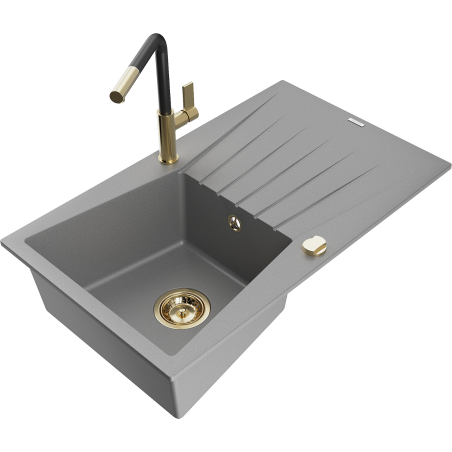 Mexen Cesar fregadero de granito de 1 recipiente con escurridor y grifo de cocina Flora, gris - 6514-71-670401-57-G