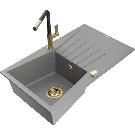 Mexen Cesar granite sink 1-bowl with drainer and Flora kitchen tap, grey - 6514-71-670401-57-G