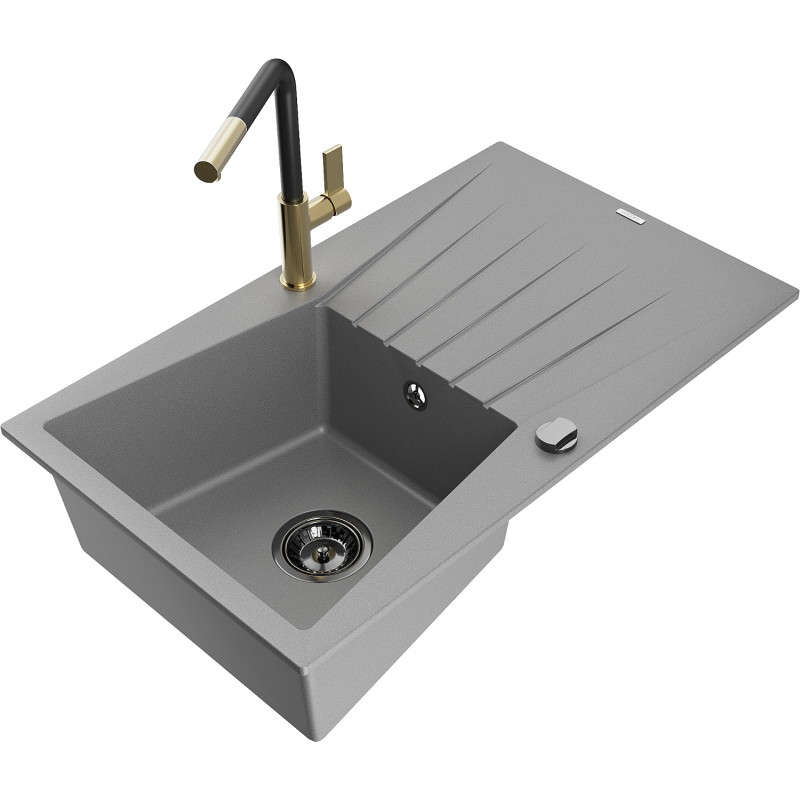 Mexen Cesar fregadero de granito de 1 compartimento con escurridor y grifo de cocina Flora, gris - 6514-71-670401-57-B